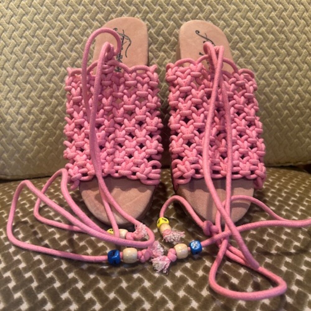 Free People Candy Pink Crochet Lace Up Wooden Heel Clogs NEW - Picture 16 of 16